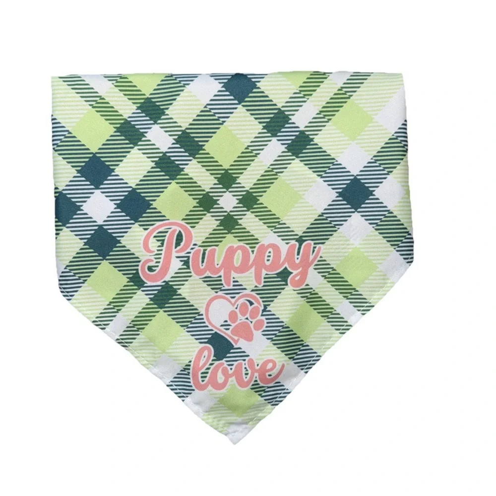 Pet Bandana Light Green Plaid with Caption “Puppy Love” OS